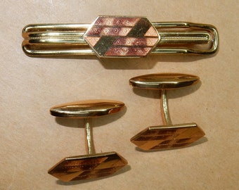 boutons de manchette en émail vintage cravate clip laiton doré art déco