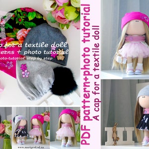 Puede incluir: Un patrón PDF y un tutorial fotográfico para hacer un gorro para una muñeca de tela. El tutorial incluye dos patrones e instrucciones paso a paso. La imagen muestra un gorro rosa y gris con un pompón negro, y una muñeca que lleva un gorro rosa y un vestido rosa.