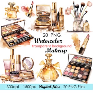 20 Clipart aquarela de maquiagem, clipart png cosmético, download instantâneo de gráfico png de maquiagem, gráfico para uso comercial clipart de moda feminina