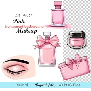 Pu&ograve; includere: Un set di 43 illustrazioni di trucco rosa con sfondi trasparenti. Il set include un ombretto rosa, un flacone di profumo rosa con un fiocco, un flacone di profumo rosa con un tappo argentato, una trousse da trucco rosa con un fiocco e un barattolo di crema rosa.