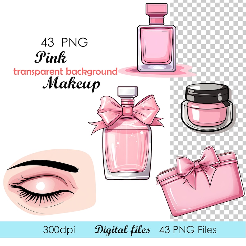 Pu&ograve; includere: Un set di 43 illustrazioni di trucco rosa con sfondi trasparenti. Il set include un ombretto rosa, un flacone di profumo rosa con un fiocco, un flacone di profumo rosa con un tappo argentato, una trousse da trucco rosa con un fiocco e un barattolo di crema rosa.