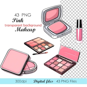 Pu&ograve; includere: Un set di 43 articoli di trucco rosa, tra cui blush compatti, palette di ombretti e un lucidalabbra. Gli articoli sono illustrati in stile cartone animato e hanno uno sfondo trasparente.