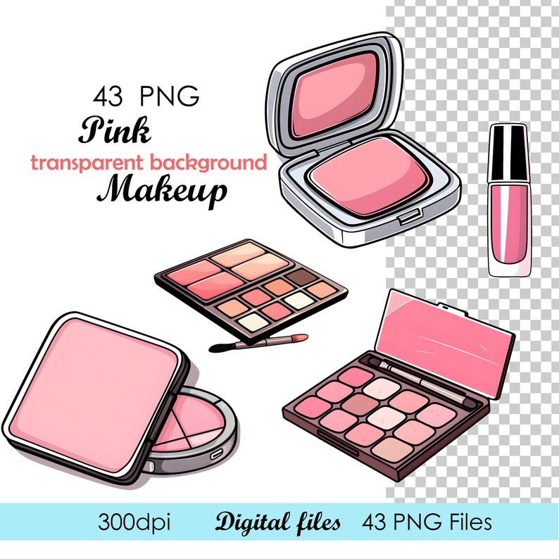 Pu&ograve; includere: Un set di 43 articoli di trucco rosa, tra cui blush compatti, palette di ombretti e un lucidalabbra. Gli articoli sono illustrati in stile cartone animato e hanno uno sfondo trasparente.