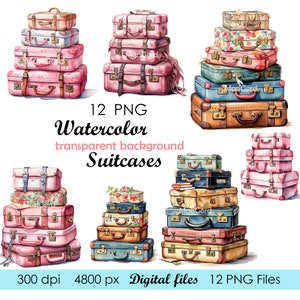 12 acuarela maleta clipart viaje maleta vacaciones clipart, maletas clipart descarga digital, archivo transparente PNG para uso comercial