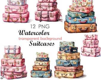 12 Watercolor Suitcase clipart Travel Suitcase Vacation Clipart, Suitcases Clipart Digital Download, PNG Transparent File For Commercial Use