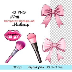 Pu&ograve; includere: Un set di 43 illustrazioni di trucco rosa, tra cui labbra, pennelli per il trucco e fiocchi. Le illustrazioni sono digitali e hanno uno sfondo trasparente.
