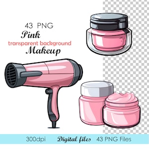 Pu&ograve; includere: Un set di 43 illustrazioni di trucco rosa con sfondi trasparenti. Il set include un asciugacapelli, un barattolo di crema per il viso e un barattolo di crema per il corpo.