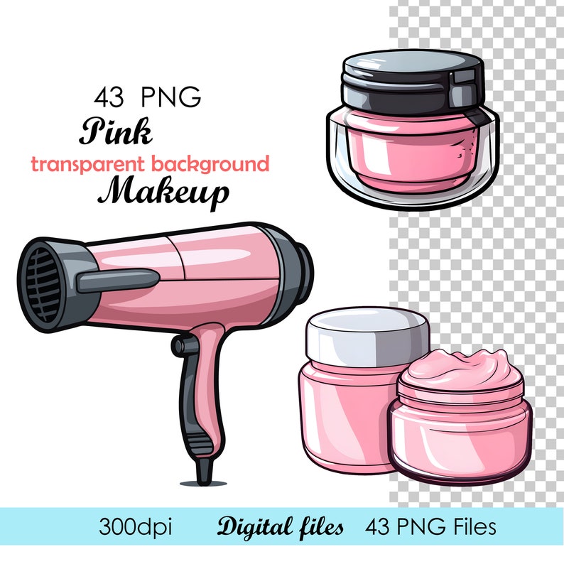 Pu&ograve; includere: Un set di 43 illustrazioni di trucco rosa con sfondi trasparenti. Il set include un asciugacapelli, un barattolo di crema per il viso e un barattolo di crema per il corpo.