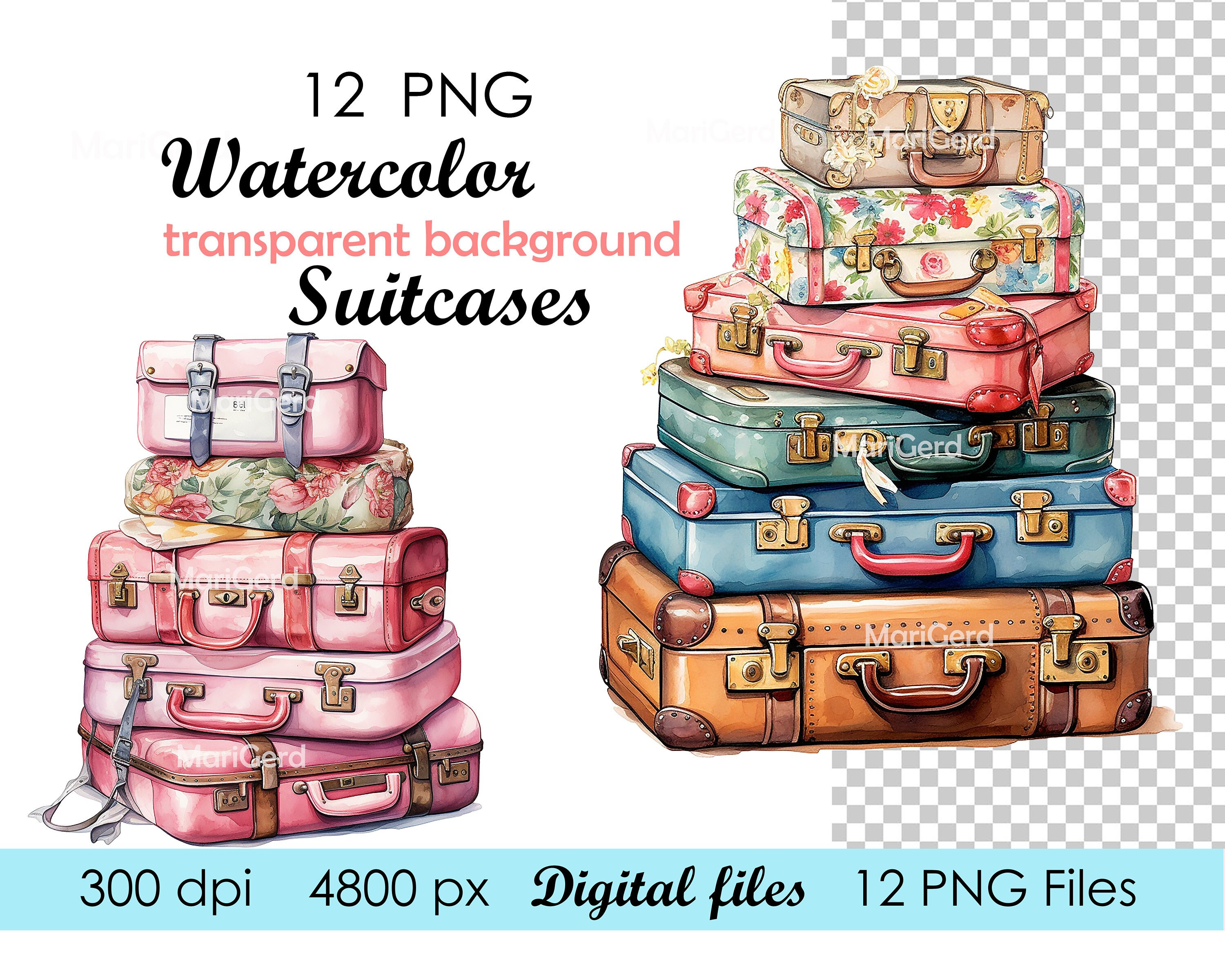 12 acuarela maleta clipart viaje maleta vacaciones clipart, maletas clipart descarga digital, archivo transparente PNG para uso comercial