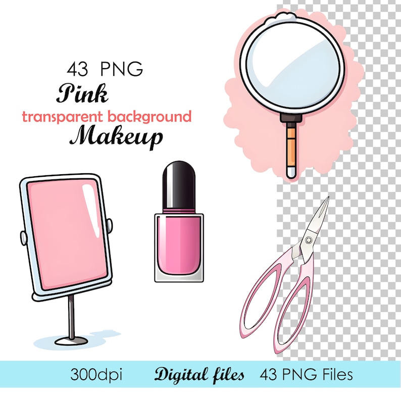 Pu&ograve; includere: 43 illustrazioni di trucco rosa con sfondi trasparenti. Le illustrazioni includono uno specchio da mano, lo smalto per unghie, le forbici per unghie e una lente d'ingrandimento.