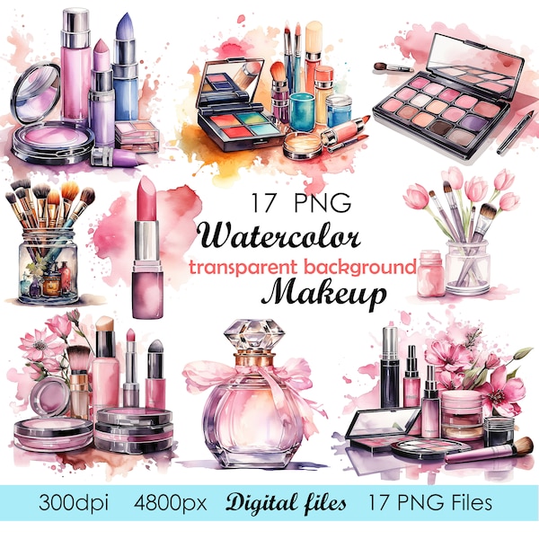 17 Makeup Watercolor Clipart, Cosmetic png clipart, Makeup png Graphic Instant Download, Graphic for Commercial Use Feminine Fashion Clipart