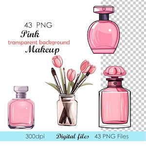 Pu&ograve; includere: Un set di 43 illustrazioni digitali rosa di trucco e fiori. Le illustrazioni includono flaconi di profumo, pennelli per il trucco e tulipani rosa.