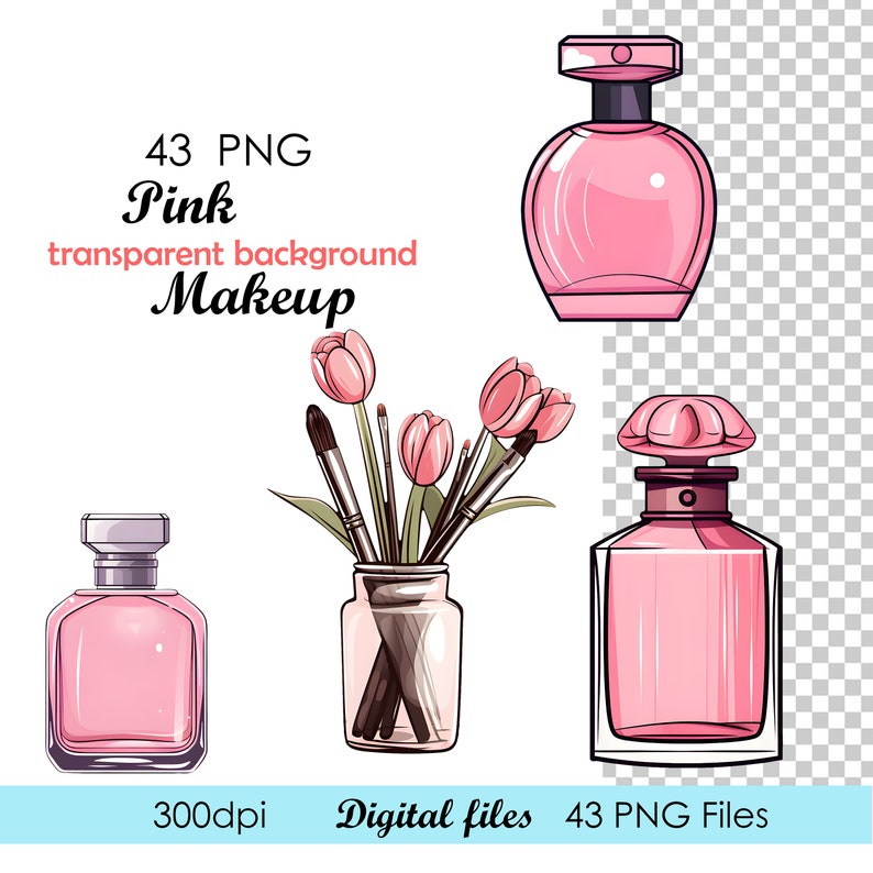Pu&ograve; includere: Un set di 43 illustrazioni digitali rosa di trucco e fiori. Le illustrazioni includono flaconi di profumo, pennelli per il trucco e tulipani rosa.