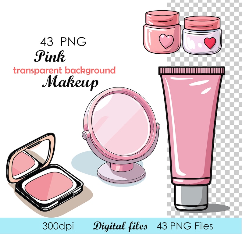 Pu&ograve; includere: Un set di 43 illustrazioni di trucco rosa con sfondi trasparenti. Il set include un compatto con blush, un tubo di crema, uno specchio da mano e due barattoli di crema.