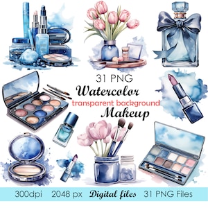 31 PNG Maquillaje Acuarela Clipart, Cosmético png clipart, Descarga instantánea de gráficos de maquillaje, Gráfico para uso comercial Clipart de moda femenina