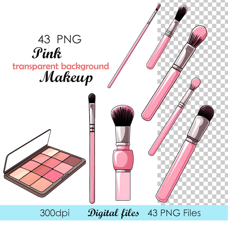 Pu&ograve; includere: Un set di pennelli da trucco rosa e una palette di ombretti rosa con 10 tonalit&agrave;. I pennelli hanno forme e dimensioni diverse per applicare vari prodotti di trucco. L'immagine include il testo "43 PNG Pink transparent background Makeup".