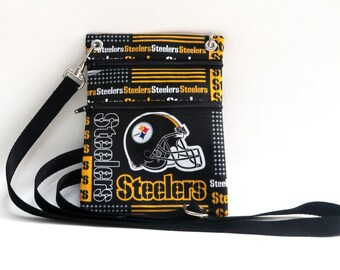 Pittsburgh Steelers Crossbody BagPurse Front Zipper Pocket and Adjustable Strap Black Helmet on Black with Secure Zipper Closure