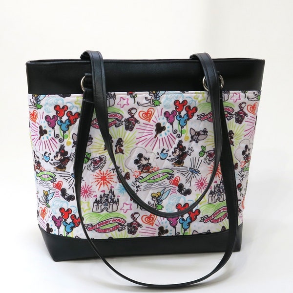 Disney Handmade Quilted Disney Fabric Work Computer Bag, Tote, or Purse made from Quilted Disney Fabric and Faux Leather the Pro Camela Bag