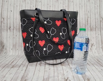 Nurse Gift Fabric Work Computer Bag, Top Zip Tote, or Purse made from Quilted Nurse Fabric and Faux Leather Camela Bag