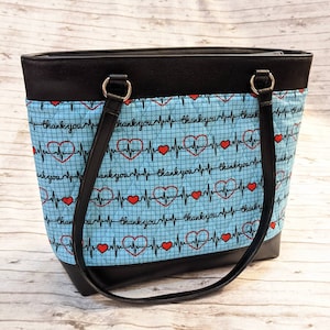 Nurse Gift Fabric Work Computer Bag, Top Zip Tote, or Purse made from Quilted Nurse Fabric and Faux Leather Pro Bag