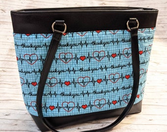 Nurse Gift Fabric Work Computer Bag, Top Zip Tote, or Purse made from Quilted Nurse Fabric and Faux Leather Pro Bag