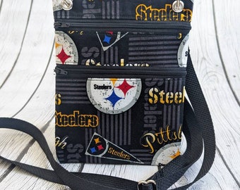 Pittsburgh Steele Handmade Womens Fabric Wallet, Crossbody Bag, Passport, wallet sling or Purse made from NFL Steelers Fabric Abby Bag