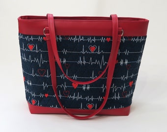 Nurse Gift Fabric Work Computer Bag, Top Zip Tote, or Purse made from Quilted Nurse Fabric and Faux Leather Camela Bag