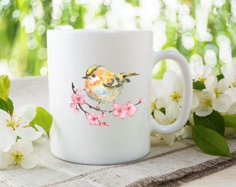 Bird cup personalized bird motif flowers