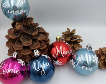 Christmas baubles personalized plastic with name and snowflakes
