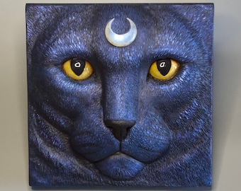 Zelenia - OOAK (one of a kind) handmade sculpture / Galaxy cat bas relief portrait - Constellation / Magical fantasy animal sculpture