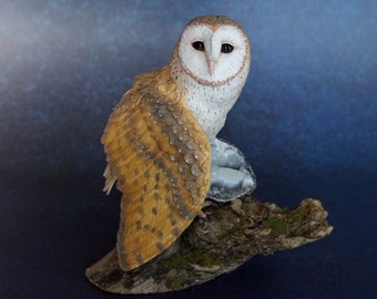 Barn owl with geode - OOAK handmade polymer clay bird of prey sculpture with semi precious stone