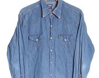 Vintage jaren 80 Wrangler Union Made denim shirt | Maat L - www.brickvintage.com