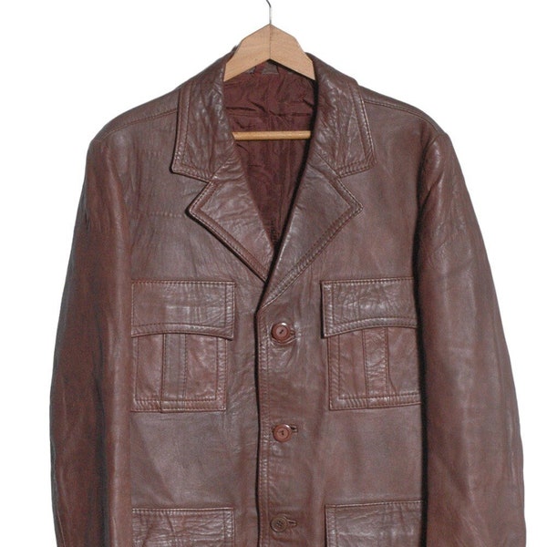 Veste saharienne en cuir marron vintage des années 1970 | Taille M - www.brickvintage.com