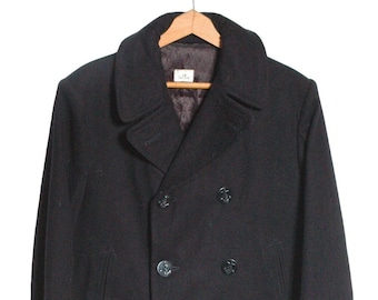 40s　NAVAL CLOTHING FACTORY PEA COAT BLK Vintage 40s WW2 Naval Factory Embroidered Tag 10 Button Pea