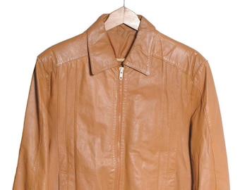 Vintage Tan Brown Leather Bomber Jacket | Size M - www.brickvintage.com
