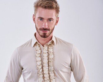 Vintage Papillon Yellow Ruffled Tuxedo Shirt S - www.brickvintage.com