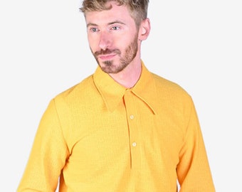 Vintage 1970's Yellow Long Sleeved Polo Shirt | Size M - www.brickvintage.com