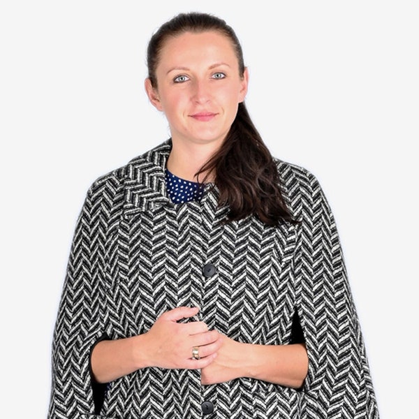 Vintage 1960's Black & White Wool Cape - www.brickvintage.com