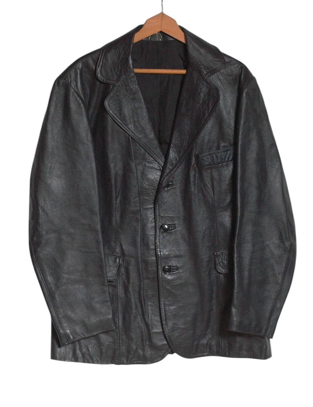 Vintage 1970's Dark Blue Leather Safari Jacket | Size M