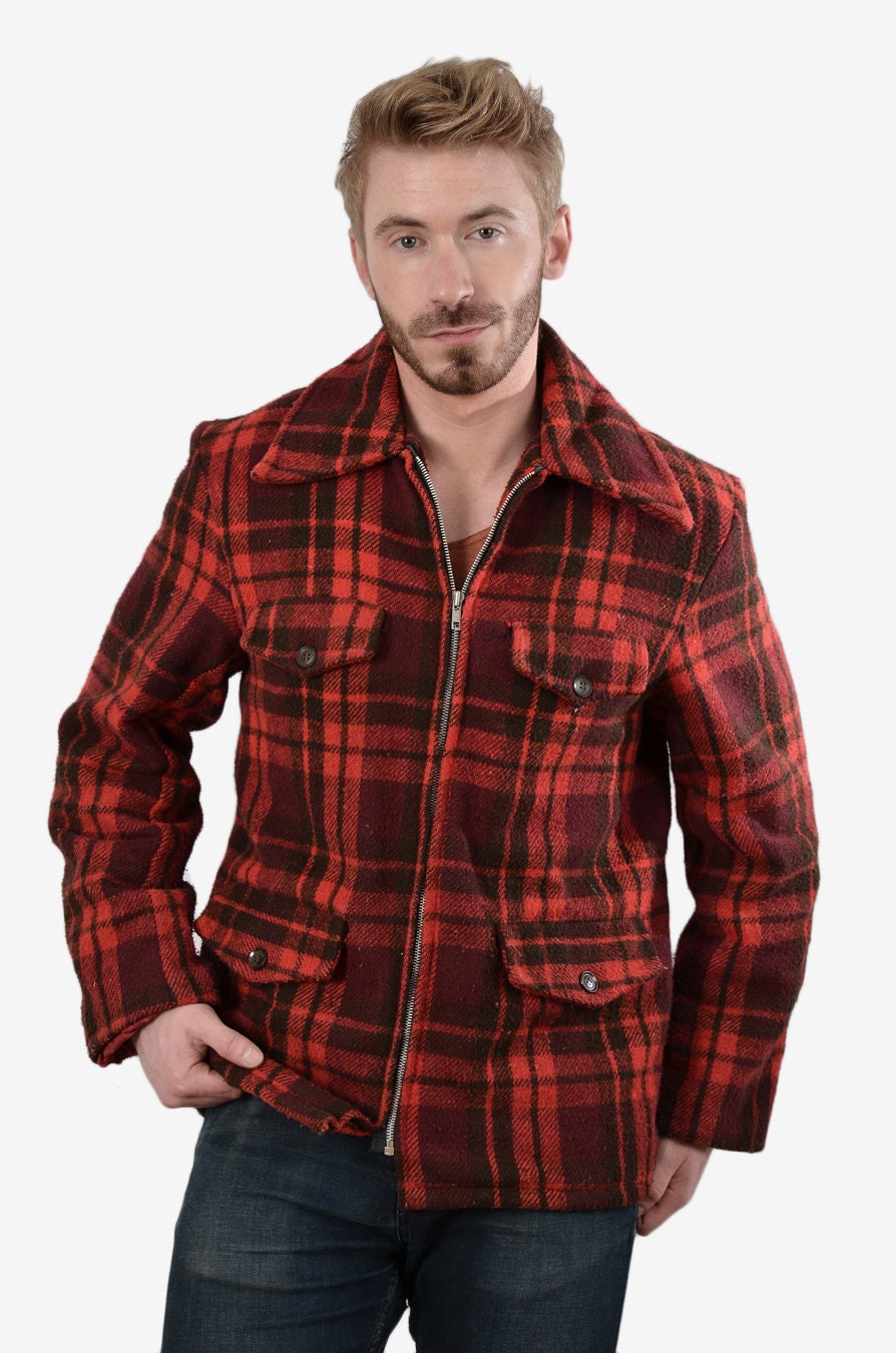 Image of Vintage 1960's Red & Black Plaid Coat M - Www.brickvintage.com