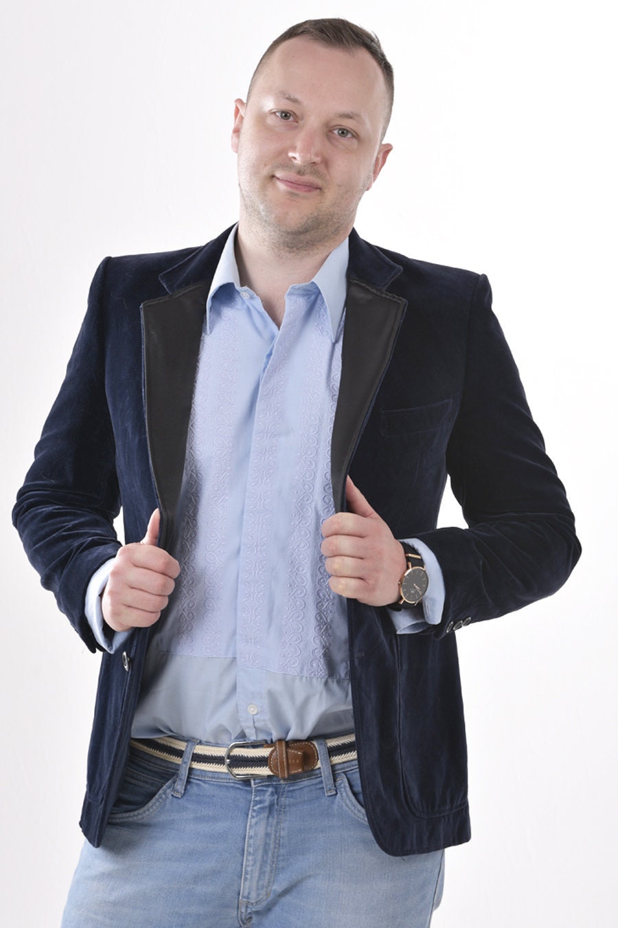 Image of Upcycled St Michael Navy Blue Velvet Evening Jacket 36 Xs - Www.brickvintage.com