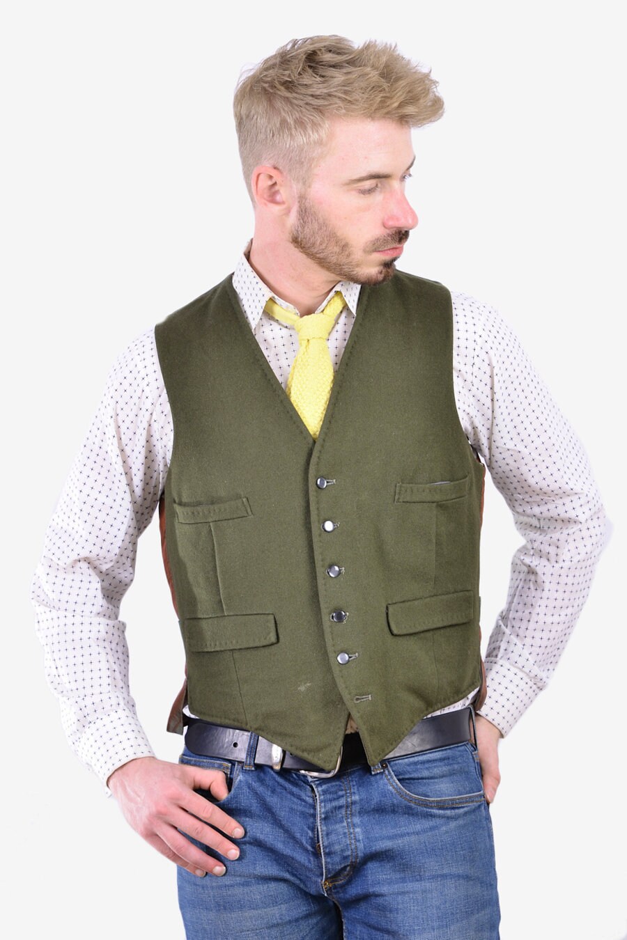 Image of Vintage 1960's Bespoke Green Wool Waistcoat 40 M - Www.brickvintage.com