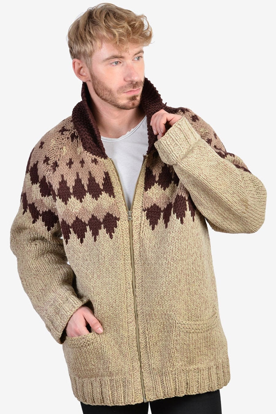 Image of Vintage 1960's Handmade Cowichan Style Wool Cardigan | Size Xl - Www.brickvintage.com