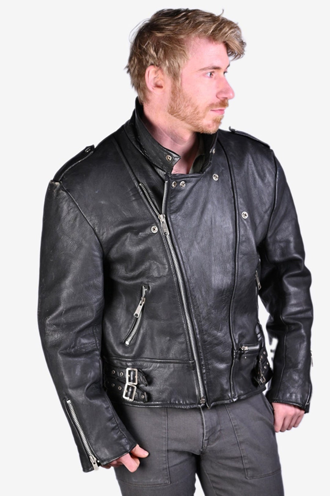 Chaqueta Biker Perfecto Cuero Vintage Negro Talla L www.brickvintage Etsy Mexico