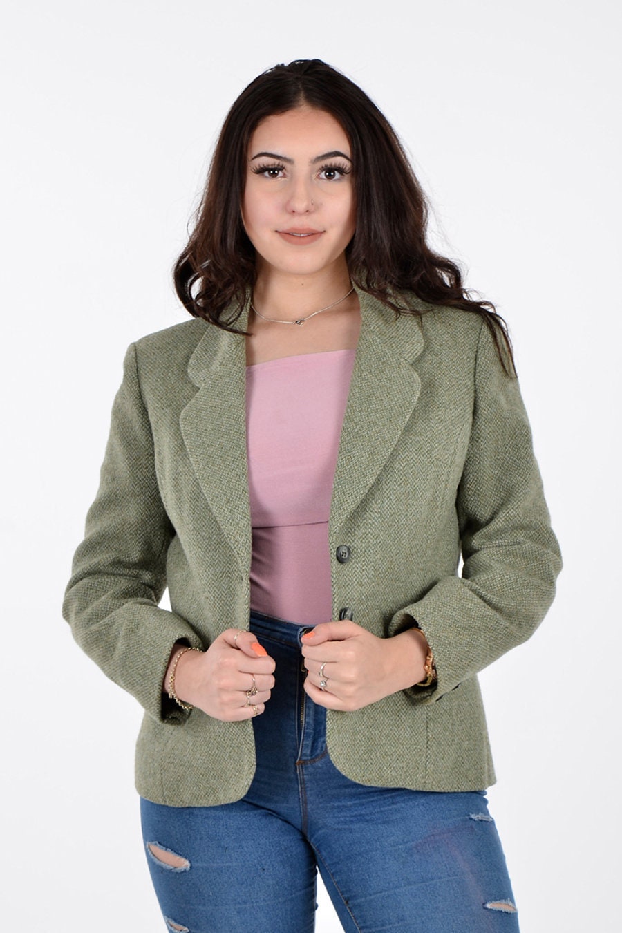 Image of Vintage 's Emcar Green Cropped Tweed Jacket  - Www.brickvintage.com