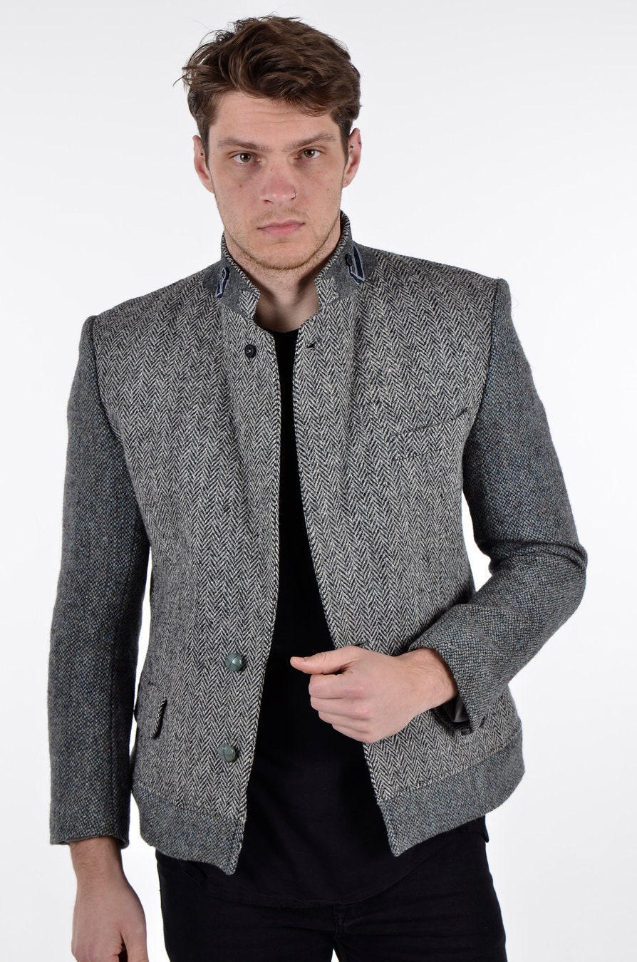 Image of Reworked Grey Harris Tweed Herringbone Jacket S - Www.brickvintage.com