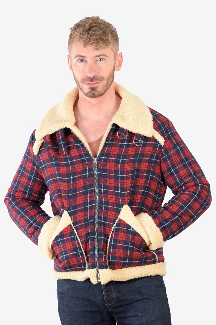 Image of Handmade Check Sherpa Bomber Jacket | Size L - Www.brickvintage.com