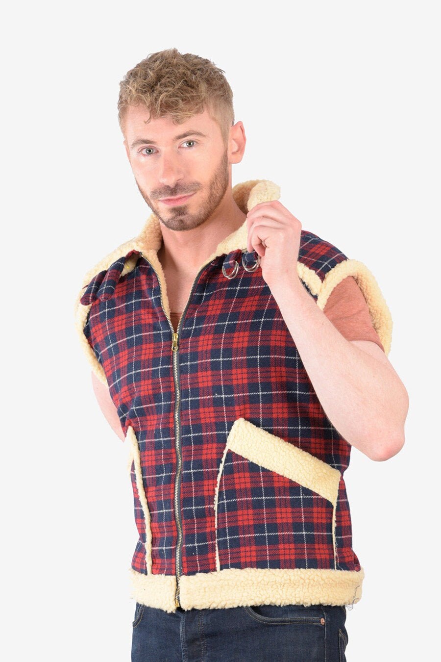 Image of Handmade Check Sherpa Gilet Sleeveless Jacket | Size L - Www.brickvintage.com