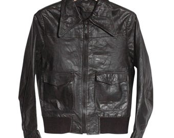 Vintage 1970's Black Leather Bomber Jacket | Size 10 - www.brickvintage.com