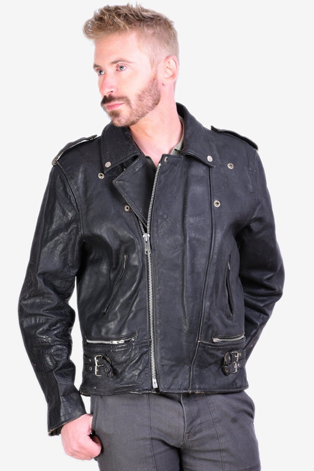Vintage Black Leather Perfecto Biker Jacket Size L Www.brickvintage Etsy